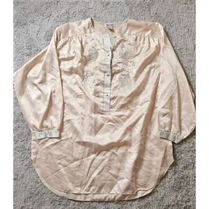 VTG Lucie Ann Pink Embroidered Nightgown Collar long sleeve Nylon Silky Large XL